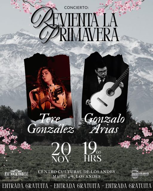 Revienta la primavera 🌸🎶 Este viernes el Centro Cultural se llena de música con Tere González @t_e_r_e_canciones y Gonzalo Arias @gonzaloariasguitar. Dos talentos imperdibles en un concierto gratuito ✨ ¡Ven a vivir arte, cultura y buena energía! Nos vemos ahí! 
#LosAndes #Cultura #Concierto #DIDECOyFamilia