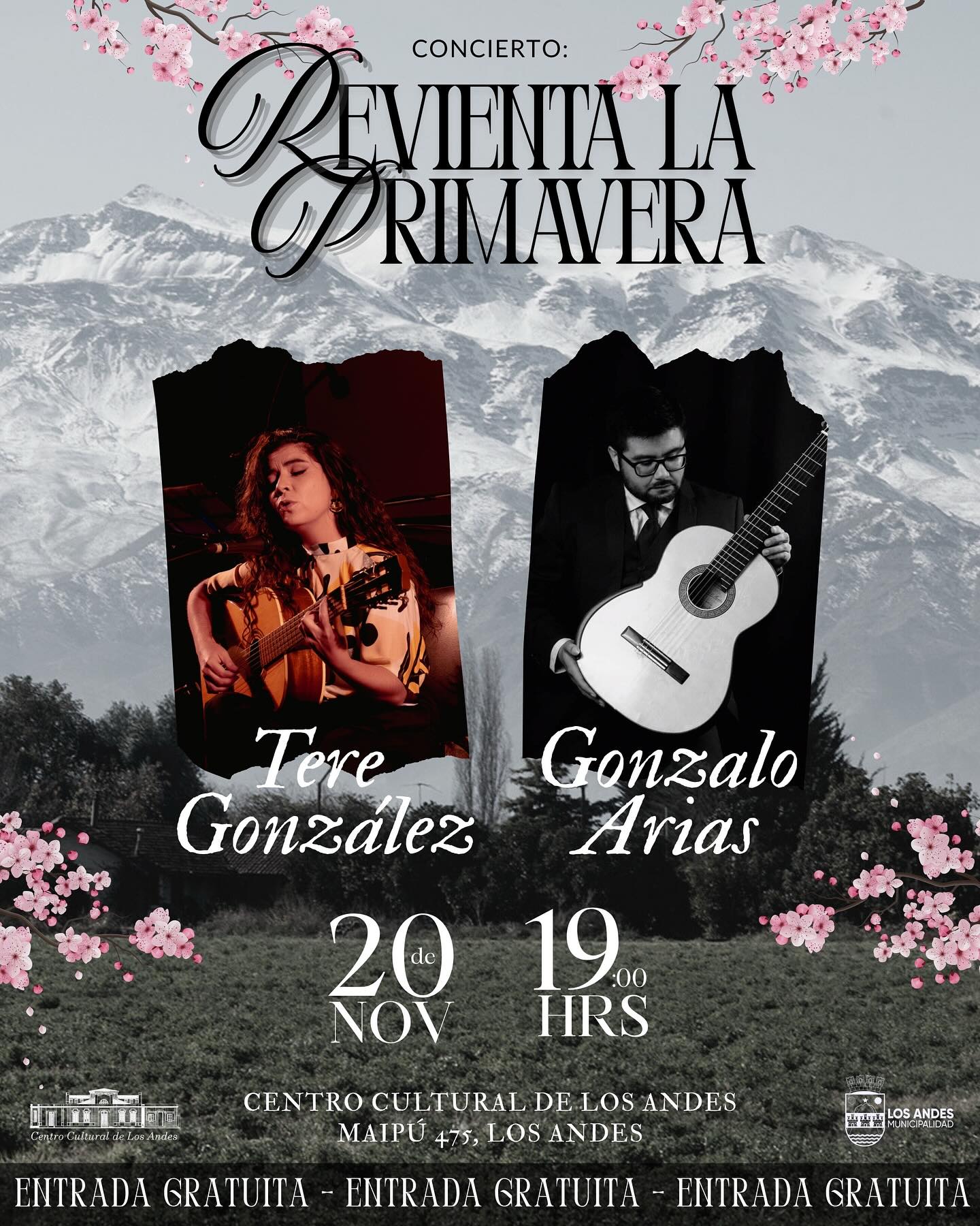Revienta la primavera 🌸🎶 Este viernes el Centro Cultural se llena de música con Tere González @t_e_r_e_canciones y Gonzalo Arias @gonzaloariasguitar. Dos talentos imperdibles en un concierto gratuito ✨ ¡Ven a vivir arte, cultura y buena energía! Nos vemos ahí! 
#LosAndes #Cultura #Concierto #DIDECOyFamilia