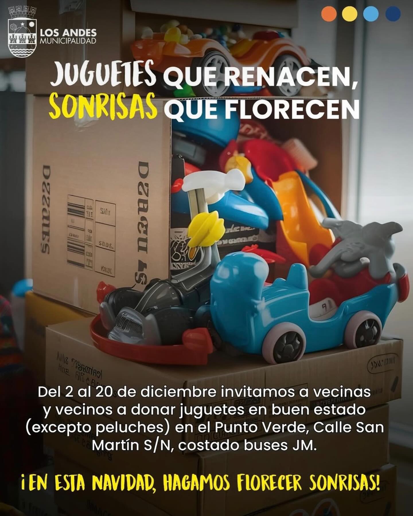 En esta Navidad hagamos florecer sonrisas 🧸 
🎄 Estamos reuniendo juguetes en buen estado para darles una nueva vida y llevar alegría a niños y niñas en estas fechas especiales 🎁 te esperamos en el Punto Verde 🌱
#LosAndes #Navidad #Reutiliza