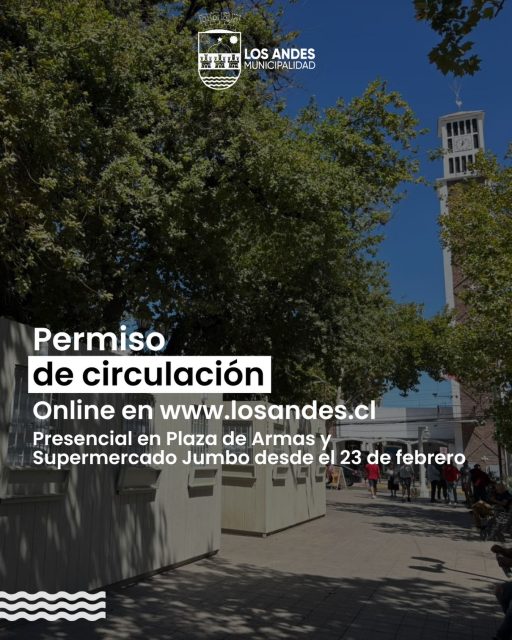 Ya está disponible online el pago de Permiso de Circulación 2026 🚗  Desde el 23 de febrero tendremos 2 puntos de pago presencial: Jumbo y Plaza de Armas 🙌🏻
#LosAndes #PermisoDeCirculacion