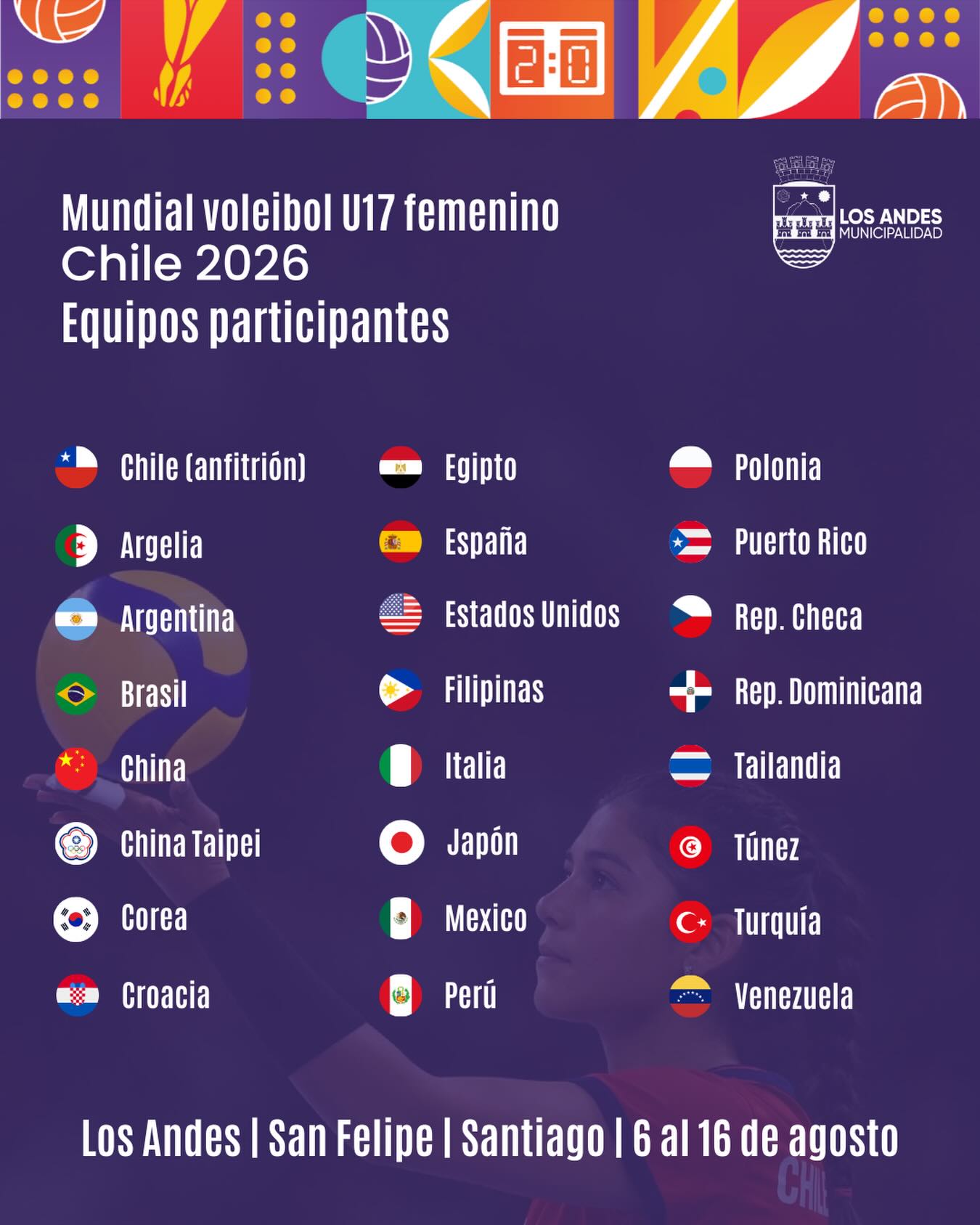 ¿Ya lo sabías? 👀🏐 Los Andes será sede del Mundial de Voleibol Femenino Sub 17. Aquí te mostramos a las selecciones que serán parte de este gran evento deportivo. Prepárate para vivir el mejor voleibol juvenil del mundo en nuestra ciudad 🙌🏻
#LosAndes #Voleibol