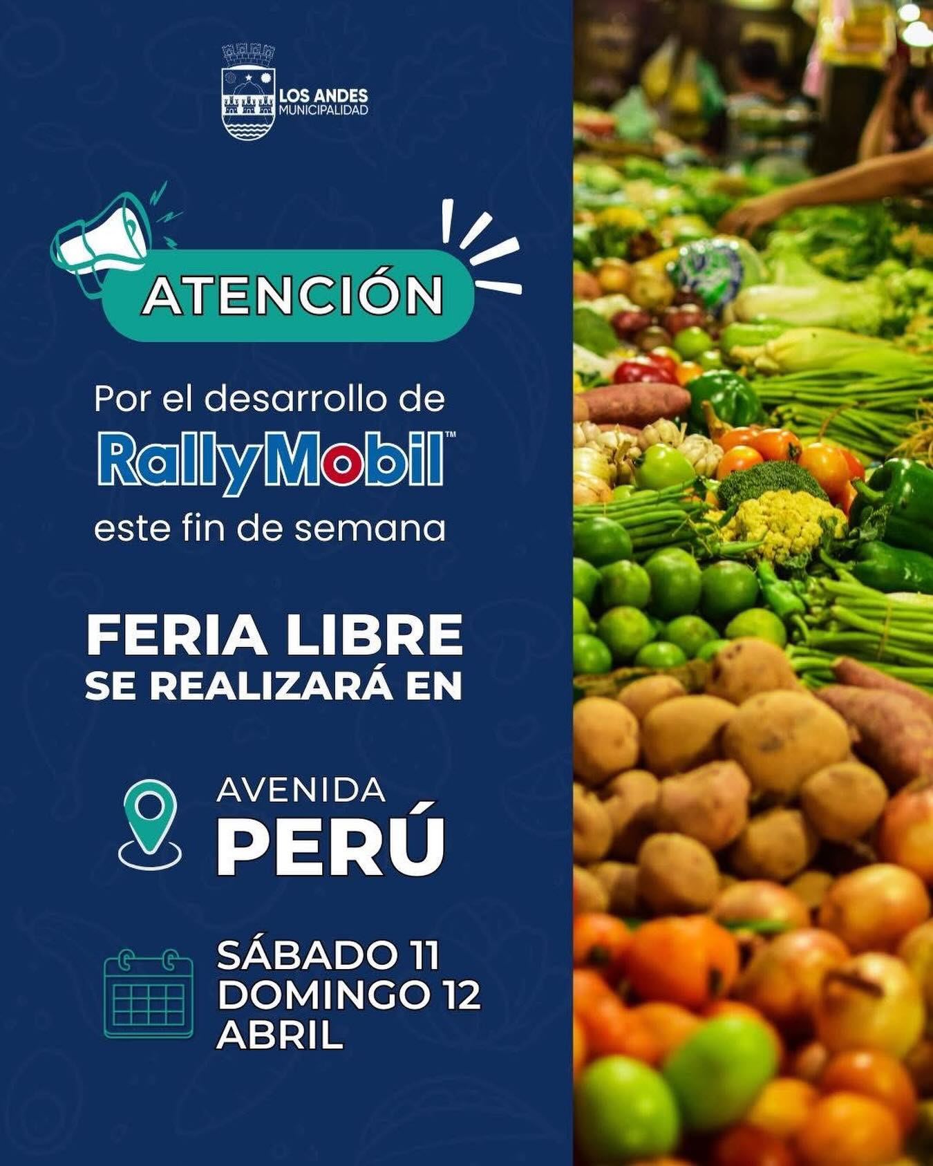 Ojo con esta info para que te programes 👀 
Te recordamos que este fin de semana por la realización del RallyMobil no habrá feria libre en el sector Easy 🥦🥬🍎 Sábado 11 y domingo 12 en Avenida Perú ⬆️