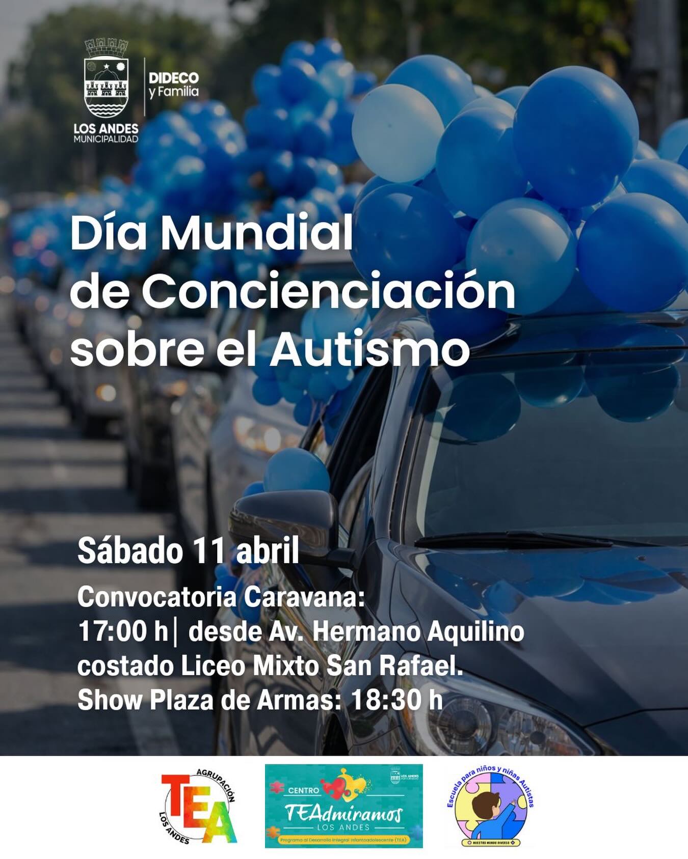 Es hoy 😄 súmate a la caravana por el Día Mundial de Concienciación del Autismo en Los Andes 🚗💙 Un espacio para promover la inclusión, la empatía y visibilizar el TEA. Participa y hagamos comunidad 🫱🏻‍🫲🏼