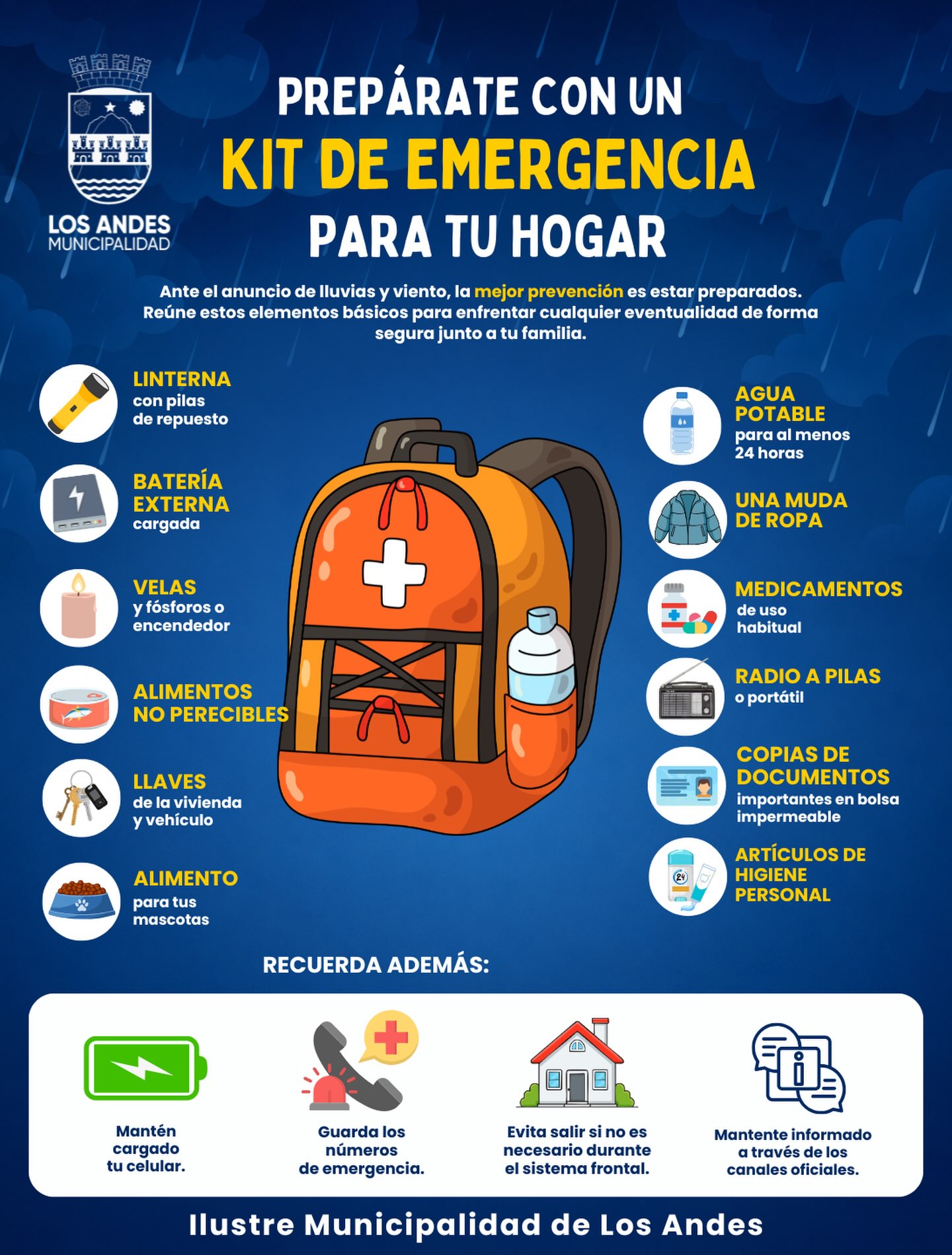 ⚠️ La prevención siempre será la mejor herramienta. Estar preparados también marca la diferencia. Revisa estos implementos y arma tu kit de emergencia hoy. ¡Mejor tenerlo y no necesitarlo! 🎒